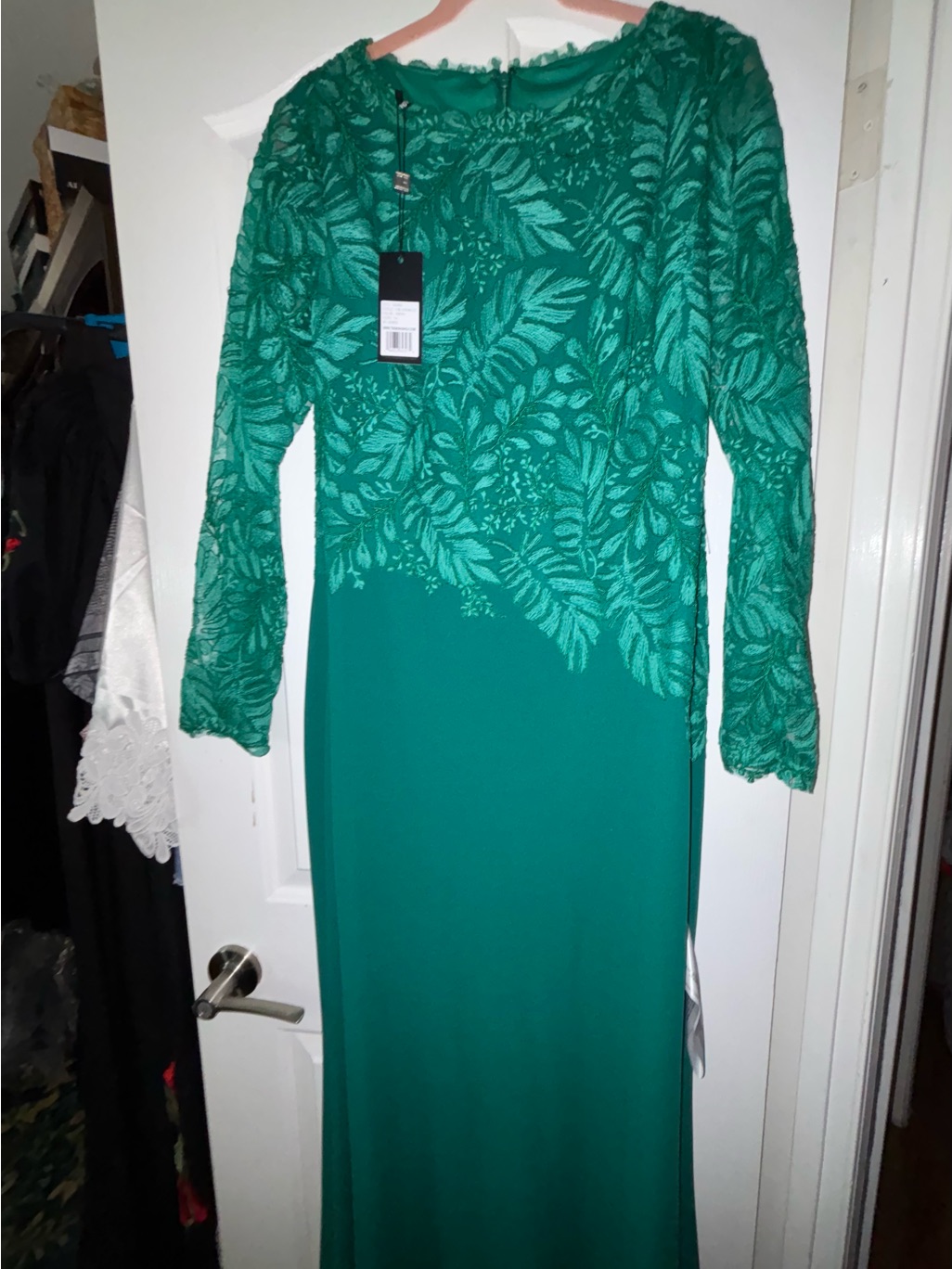 Tadashi Shoji Teal Green Leaf Lace Long Sleeve Gown